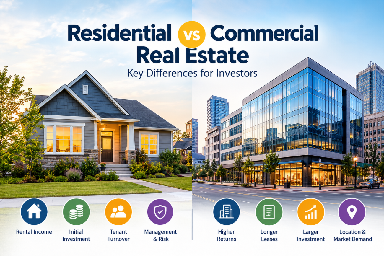 Residential vs Commercial Real Estate comparison showing a house and commercial building