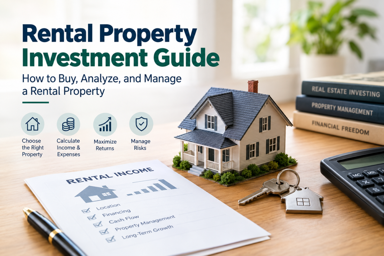 Rental Property Investment Guide with house model, rental income, and investment planning