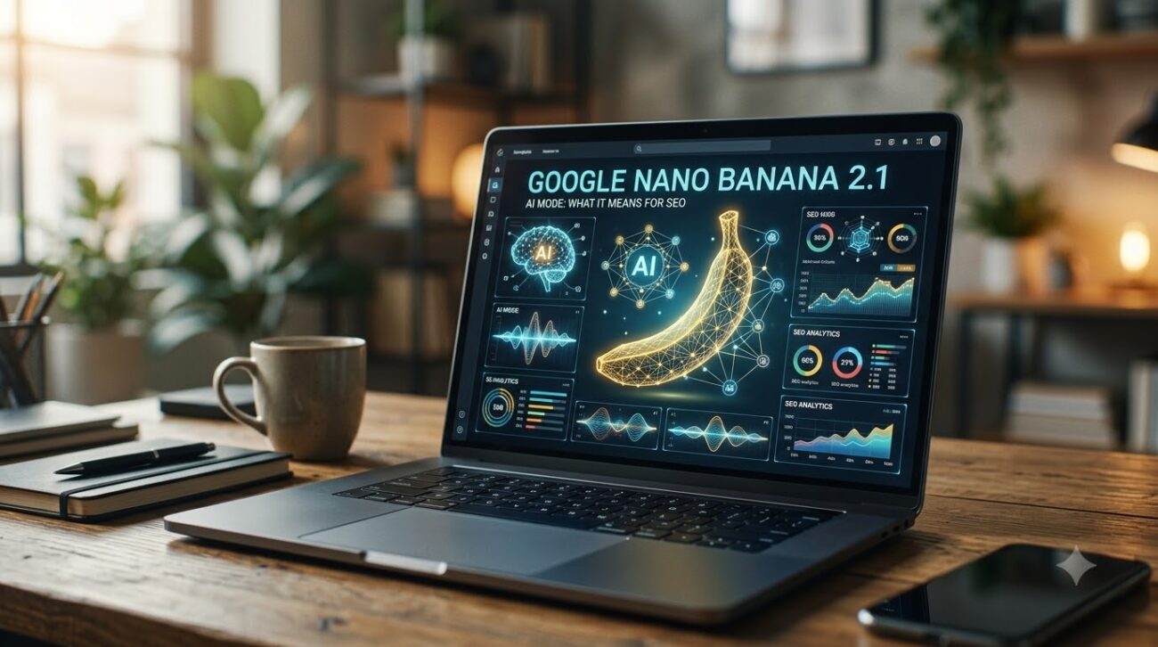 Google Nano Banana 2.1 in AI Mode with SEO analytics displayed on a laptop